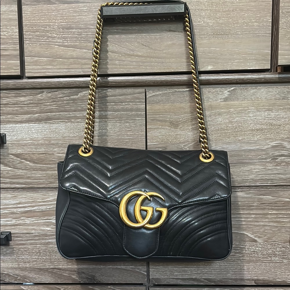 Black Quilted Leather Bag with Gold Chain